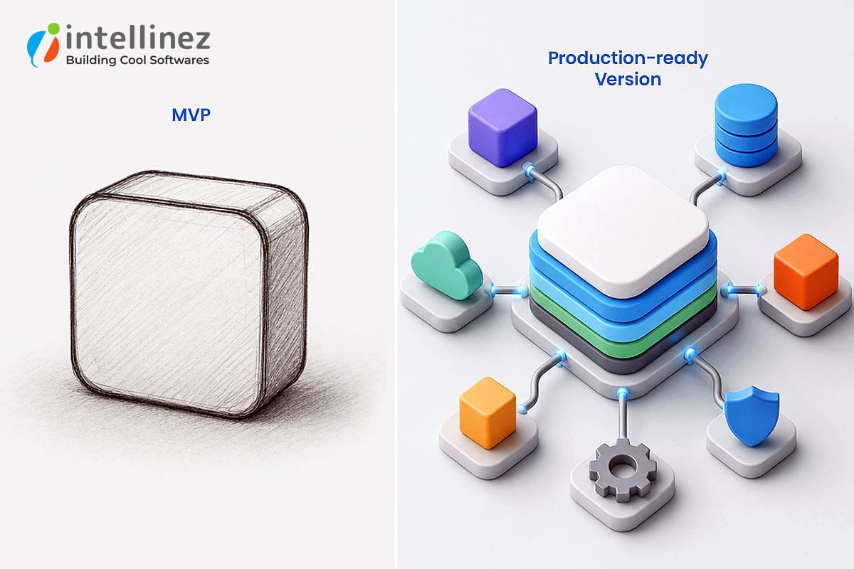 AI MVP to Production-Ready Enterprise Application: What It Actually Takes 3 Side-by-side comparison of an AI-built MVP and a production-ready enterprise application